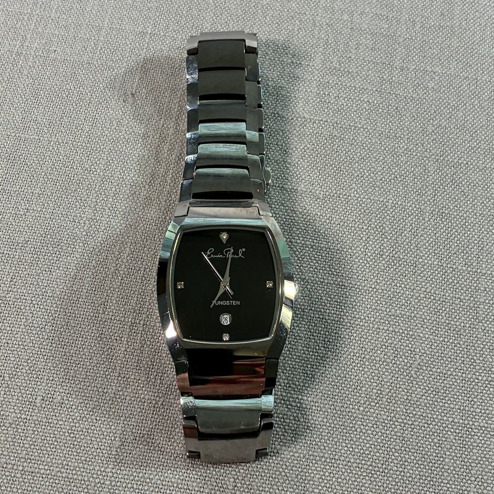 Erwin Pearl Tungsten Black Quartz Watch Date Crystal Accents Needs Battery